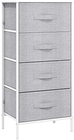 Gernian Dresser with 4 Drawers - Tall Tower Unit Organizer for Bedroom, Nursery Room, Living Room, Hallway - Chest of Drawers, Easy Pull Fabric Bins (White/Grey)