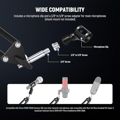 Image of NEEWER BASICS Desktop Microphone Arm Stand, Suspension Scissor Boom Mic Desk Mount Compatible with Blue Yeti Snowball HyperX QuadCast SoloCast Shure, Max Load 3.3 lbs, Cleaning Cloth, MS006