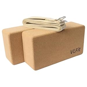 VLFit CORCHO bloques de yoga, 2 Block Natural Ecológico, pilates, fitness en general y estiramientos,para Principiantes y Profesionales,23 x 15 x 7,6 cm y una correa de yoga con hebilla en forma de D