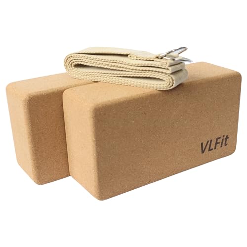 VLFit 2 stycken kork-yogablock med 00 % bomullsrem, miljövänlig, tillverkad av naturkork, set med 2 block och rem och en yogarem med D-spänne