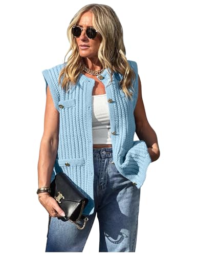 PEHMEA Women's Crochet Chunky Knit Top Sleeveless Button Down Tops Trendy Cardigan Sweater Vest for Women3