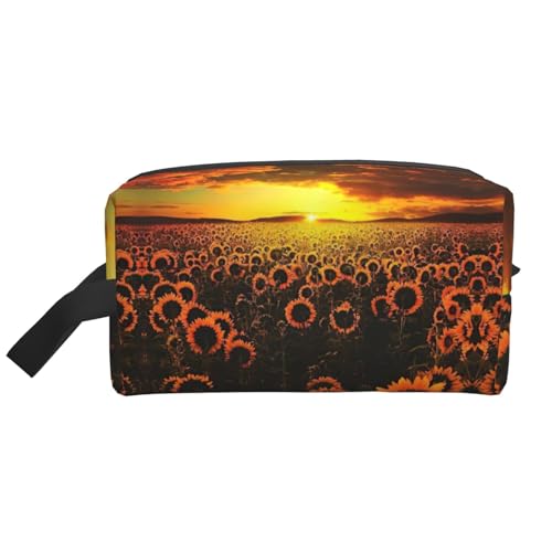 Neceser de viaje con estampado de girasoles, campo de atardecer, mar de flores, bolsa de maquillaje colgante, gran capacidad, organizador versátil para mujeres y hombres