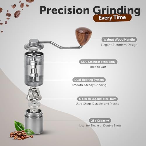 Dropereum 5 in 1 Manual Stainless Steel Coffee Grinder - Espresso Grinder, Manual Coffee Grinder, Coffee Grinder, Conical Coffee Burr Grinder with Double Bearing, Steel Body