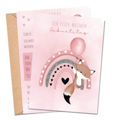 MeinBaby123® | 10 Einladungskarten Kindergeburtstag Mädchen | Geburtstagseinladungen für Kinder | rosa Einladungskarten | inkl. 10 Briefumschläge | Premium Qualität (Fuchs rosa V1) Cover