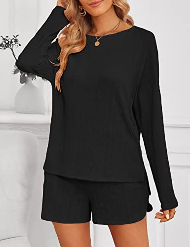 Merokeety Women's Casual Cable Knit Lounge Pajamas Sets Long Sleeve Tops And Shorts 2 Piece Outfits, Black, L #TOP5