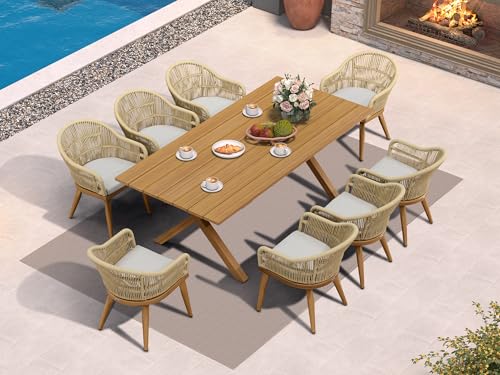 Image of PURPLE LEAF 9 Pieces Patio Dining Set with Outdoor Aluminium Dining Table and Woven Chairs Modern Metal Furniture Cushions Sets for Garden Yard Indoor Decor Kitchen Teak