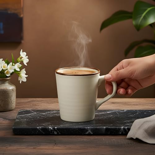 Image of miah decor Stoneware Coffee Mugs Set of 6 (320 ml Each) | Ceramic Tea Cups | Off-White Ribbed Mugs with Brown Rim | Microwave, Oven & Dishwasher Safe | Coffee, Tea, Milk Mugs