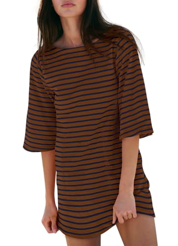 Image of Yousify Women's T Shirt Dress Cotton Summer Dresses 2026 Casual Loose Short Sleeve Striped Mini Dress with Pockets