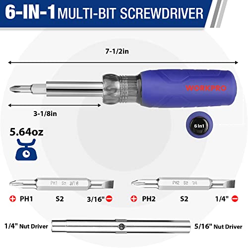 Workpro 6-In-1 Basic & 4-In-1 Electronics Screwdriver/Nut Driver Set Tool Cushion Grip, 2Pcs Portable Screw-Driver, 8 Basic & Precision Bits (Philips/Slotted), 2 Nut Driver Sizes #TOP1