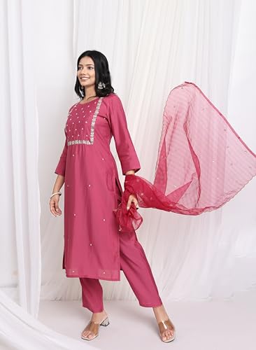Image of Kaari Women's Hand Embroidered Kurta Set with Dupatta - Straight Fit | Silk Blend Fabric with Dabka Work | Sequin Work Organza Dupatta | Straight Pant with Side Pocket | Kurta Set For Women