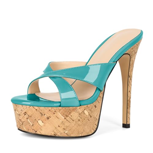 Image of Esvowido Heeled Mules for Women Cork Platform Stiletto Heels Slip on Open Toe High Heeled Sandals Crisscross Slippers Pumps Shoes