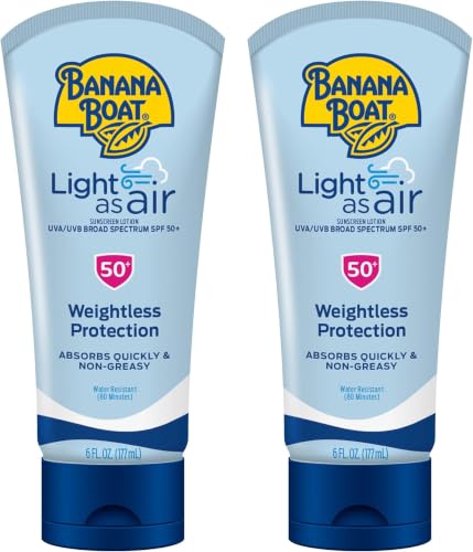 Image of Banana Boat Light As Air Sunscreen Lotion SPF 50 Twin Pack | Lightweight & Non-Greasy Lotion Sunscreen SPF 50, Sunblock, Oxybenzone Free, 6 Fl oz each (Pack of 12)