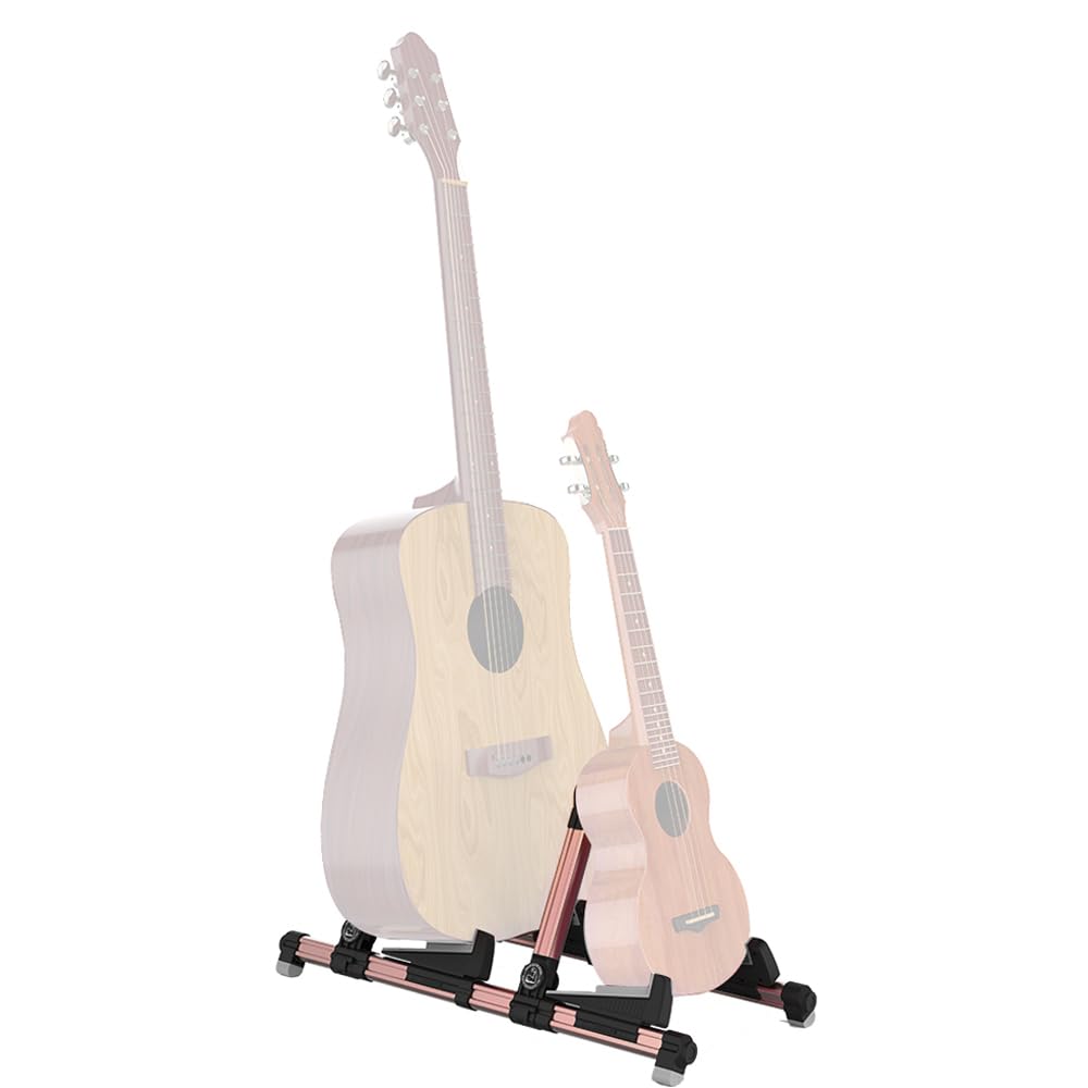 Uniwersalny Stojak na gitarę, Regulowany i Składany, Przenośny Uchwyt na Instrumenty Podróżne z Silikonowymi Podkładkami, do Gitary Akustycznej, Elektrycznej, Ukulele i Basu (Podwójny typ)