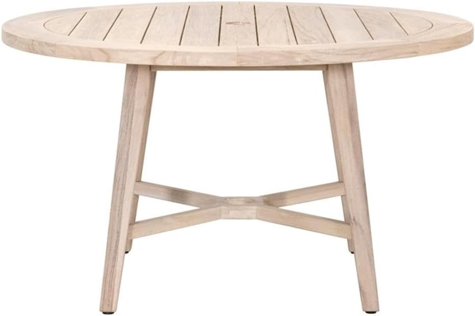 Pemberly Row 54" Round Solid Teak Outdoor Dining Table, Natural Gray Finish, Durable for Indoor/Outdoor Use, X Stretcher Base, Umbrella Hole, Seats 5, Transitional Patio, Deck, or Garden Furniture