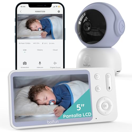 BOIFUN 2K 5' Camara Vigilancia Bebe, Funciona con o sin WiFi, Visión Nocturna Infrarroja, Detección de Llanto y Movimiento, Seguimiento 360°, Zoom 4X, App iOS y Android, Radiación Casi Nula