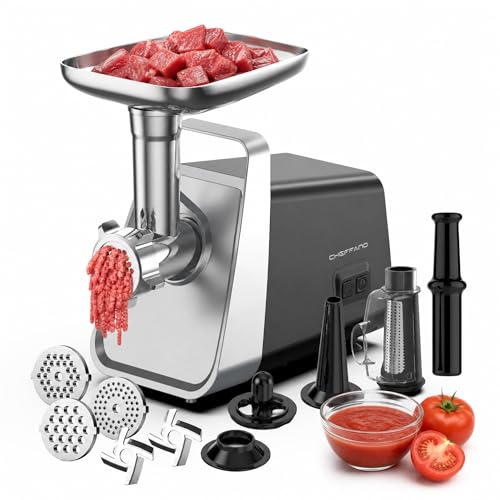 CHEFFANO Life Electric Meat Grinder, Fruits & Tomato Sauce Maker with Strainer, Sausage Stuffer with Sausage Tube, 2 Blades, 3 Plates, Kubbe Kit, 2800W Max, Meat Mincer Heavy Duty for Home Kitchen