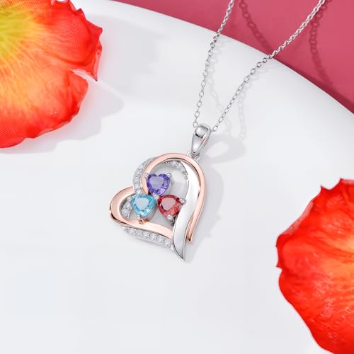 MRENITE Personalized 10k 14k 18k Solid Gold Mother Birthstone Necklace – Two Tones Rose Gold and White Gold Custom 1-6 Names Heart Birthstone Necklace- Gift for Mother Family Number2
