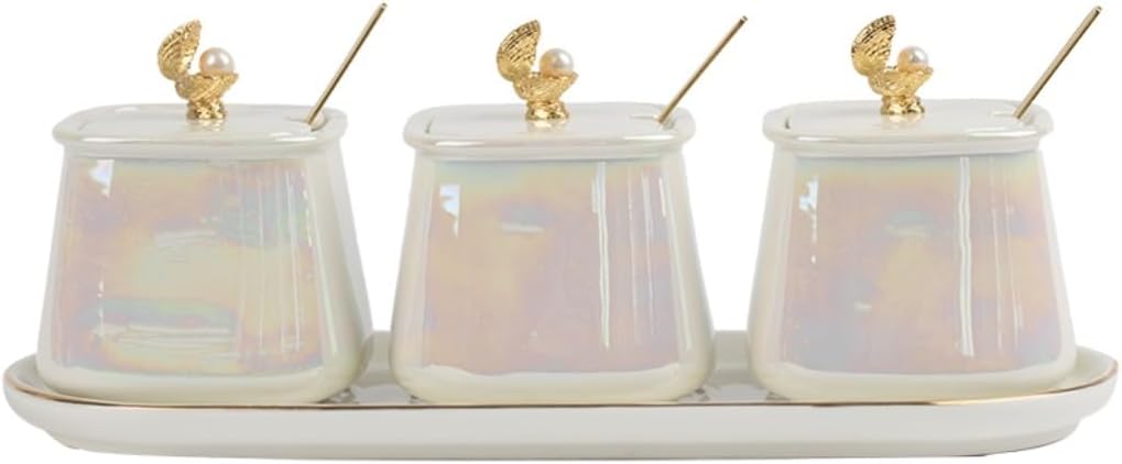 Salt and Sugar Container Sets Condiment Container Set Ceramic Spice Box Set Seasoning Pot Seasoning Container with Lid Kitchen Counter Accessory,3pieces
