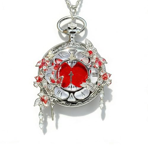 FARIDRUN Vintage Butterfly Pocket Watch Necklace, Silver Engraved Pendant Watch,