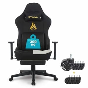 Symino Gaming Stuhl mit Latex Sitzkissen 300kg Belastbarkeit, Ergonomischer PC-Stuhl mit Memory-Schaum Lendenwirbelstütze und Kopfstütze, Atmungsaktiver Bürostuhl aus Wildlederimitat, Schwarz