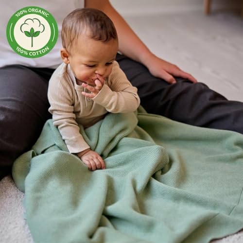 Image of 100% Organic Cotton Knit Receiving Baby Blanket for Newborns - Soft, Breathable Blanket for Crib & Stroller - Nursery Gift (Roman Green)