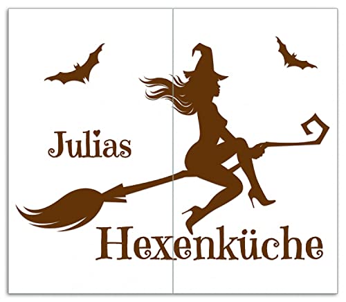Wallario Herdabdeckplatte/Spritzschutz aus Glas, 2-teilig, 60x52cm mit 8mm hohen Füßen, für Ceran- und Induktionsherde, Hexenküche + Wunschname und Wunschfarbe