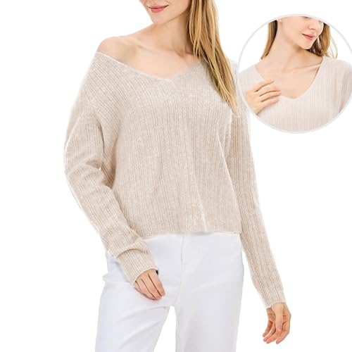 Image of Simple&Opulence Women's Long Sleeve V-Neck Sweater Off-Shoulder Light Cropped Sweaters for Women Wool Sweater S-XL