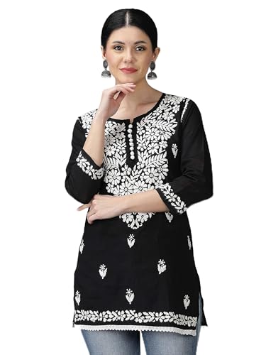 Image of Seva Chikan Hand Embroidered Lucknowi Chikankari Cotton Short Top Tunic for Women SCL9017