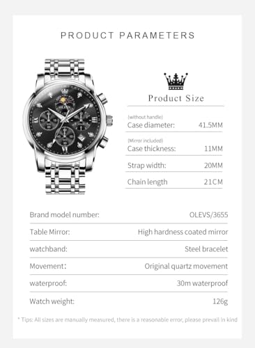 Image of OLEVS Chronograph Watches for Men Original Analog Quartz Silver Stainless Steel Chain Luxury Dual Time Zone Moon Phase Date Waterproof Men's Wrist Watch