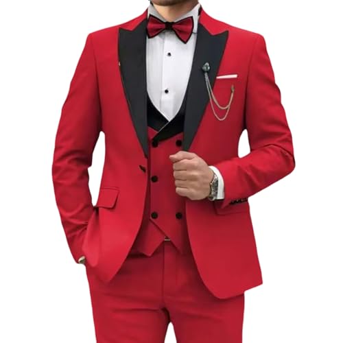 Conjunto de Traje Ajustado para Hombre, 3 Piezas, Elegante Blazer de un botón, Chaleco y pantalón, Esmoquin Botonadura Sencilla, para Fiesta, Navidad, graduación, Rojo, Talla XL