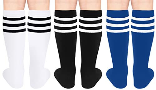 Gotneto Kids Soccer Socks Boys Soccer Socks Toddler Knee High Socks Cotton Toddler Soccer Socks Kids Baseball Socks Sports Tube Socks With Stripes Youth Soccer Socks White Black Blue One Size #TOP1