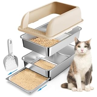 23.6"x16"x12" Stainless Steel Sifting Litter Box with Lid, XL Sifting Litter Box for Pine Pellets Less Tracking, High Sides Metal Litter Tray with Removable Drawer Pan, Anti-Leakage, Easy Cleaning