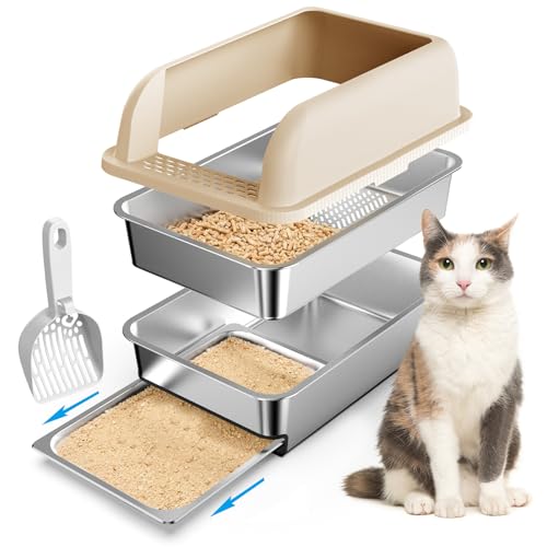23.6"x16"x12" Stainless Steel Sifting Litter Box with Lid, XL Sifting Litter Box for Pine Pellets Less Tracking, High Sides Metal Litter Tray with Removable Drawer Pan, Anti-Leakage, Easy Cleaning