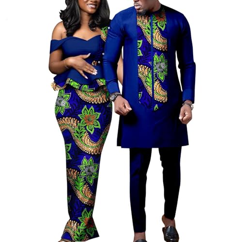 TDJDYQU Costume De Couple Africain Femmes Imprimer Robe Match Hommes Ankara Tenues Haut Et Pantalon Ensembles Batik Coton(Style3,Men-Medium)
