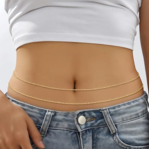 14K Gold Plated Waist Chain for Women, 2Pcs Adjustable Pearl Beads Body Chain, Sexy Layered Summer Beach Bikini Belly Jewelry Accessories2