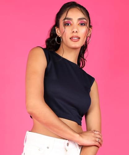 Image of POPWINGS Casual Self-Design Round-Neck Sleeveless Crop Top for Women || Summer Wear Crop Tops for Women || Stylish Western Regular Wear Women Crop Tops