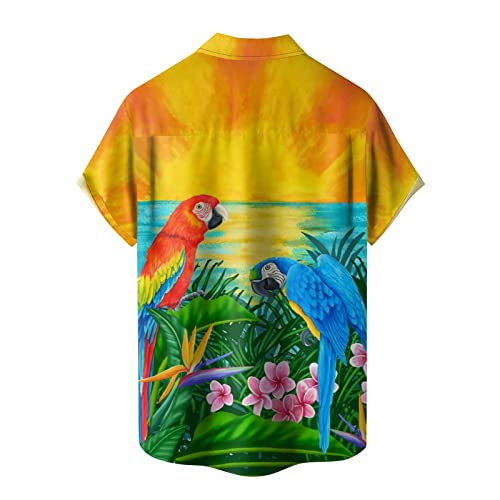 Mens Hawaiian Shirts Short Sleeve, Party Shirt Men Short Sleeve Summer Oversized Hawaiian Scoop Neck Shirt Fit Cool Button Up Polyester Floral Tees Men Yellow #TOP2