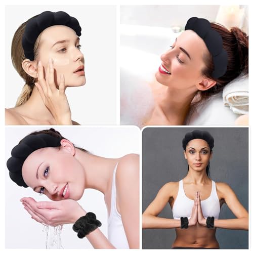 Image of Spa Headband and Wristband Set, Face Wash Headband Makeup Skincare Headband Wrist Bands Washing Face for Preppy Skincare Women Girl (Spa Headband - Black)