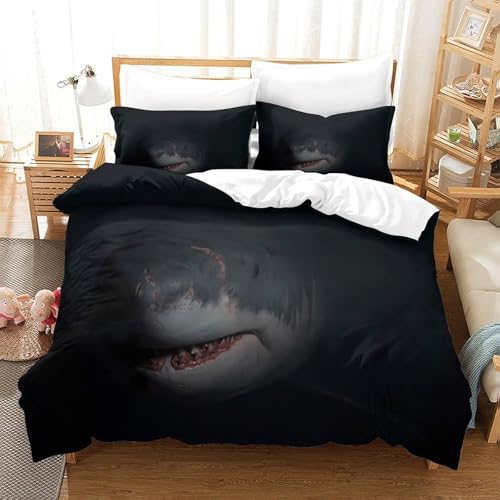 Housse de couette requin 3D lit 1 personne parure de lit microfibre avec zip