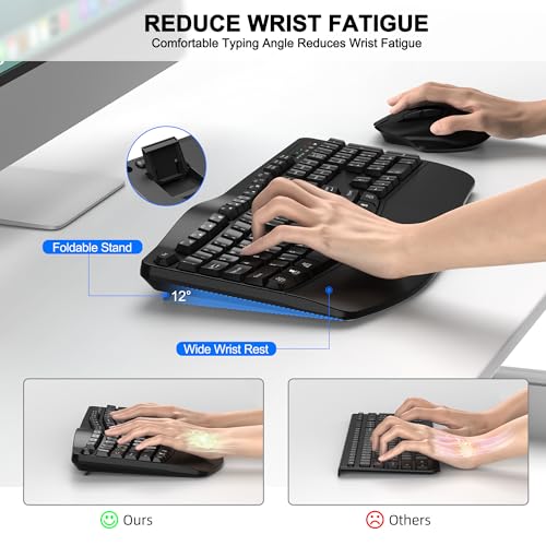 Wireless Keyboard and Mouse Combo 24G Full Size Wave Keys Ergonomic Keyboard with Wrist Rest and 3 Level DPI Adjustable Wireless Ergonomic Mouse for Windows Mac OS DesktopLaptopPCBlack