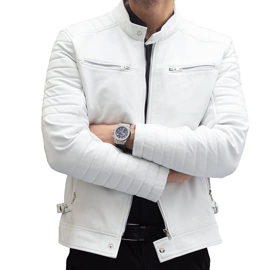 Buy & Catch Online Store Men's Leather Quilted Jackets Motorcycle White Pearl Biker Real Leather Jacket Men