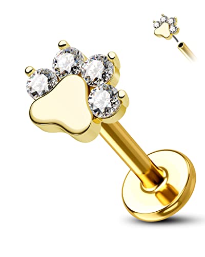 Cocharm 14K Solid Gold Helix Earring Stud 16g Dog Paw Flat Back Helix Piercings Yellow Gold Push in Earrings Threadless Stud 14K Gold Tragus Piercing Jewelry