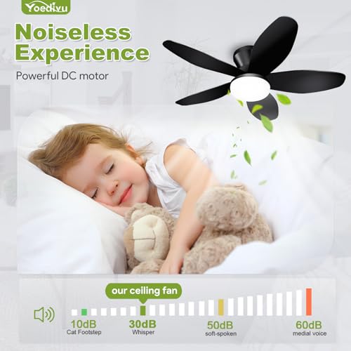 Image of Ceiling Fans with Lights - 35 Inch Small Low Profile Ceiling Fan and Remote,Flush Mount Ceiling Fan with 5 Reversible Blades 6 Wind Speeds, Black Modern Ceiling Fans for Bedroom Kitchen