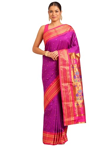 Varkala Silk Sarees Maharani Paithani Saree 5.5 Meter Silk Blend with Copper Zari Peacock Pallu & Unstitched B
