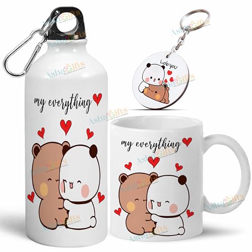 Image of Bubu Dudu Love Gift for Birthday /Anniversary Sipper Water Bottle Aluminium with Coffee Mug, Wooden Keychain Combo Pack NMSK (BOTTLEMUGKEY-5)