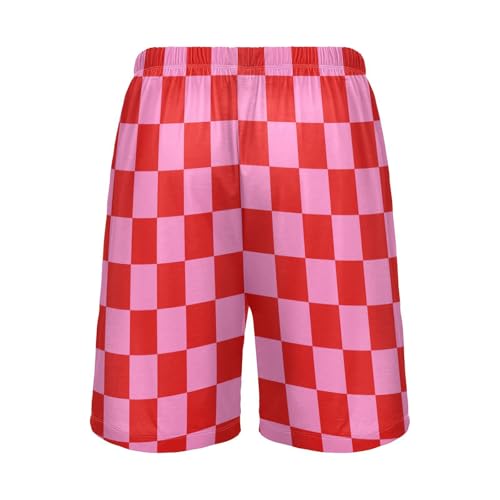Men's Pink and Red Buffalo Checkered Pajama Shorts with Pocket and Drawstring S2
