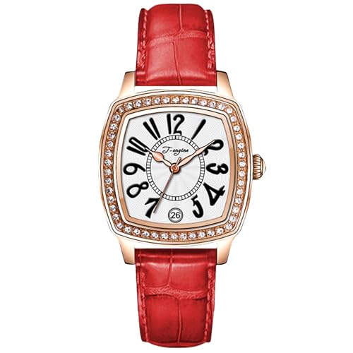 T-ENGINE Luxury Women's Watch with Genuine Leather Strap, Diamond Inlay | Fashion Vintage Design (Red Band/Gold Dial)