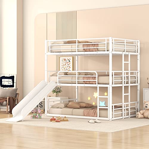 Flieks Triple Bunk Bed For 3, Full Over Full & Full Size Bunk Bed With Ladder & Safety Guardrail, Divided Into One Platform And Loft Bed, Heavy-Duty Steel Frame Bunk Bed For Kids Teens Adults (White) #TOP1