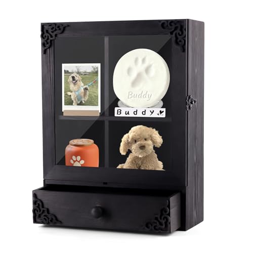 Bartuke Caja conmemorativa de madera para mascotas con estantes y cajón, regalo conmemorativo para las cenizas de mascotas fallecidas, perros y gatos, recuerdo de mascotas fallecidas