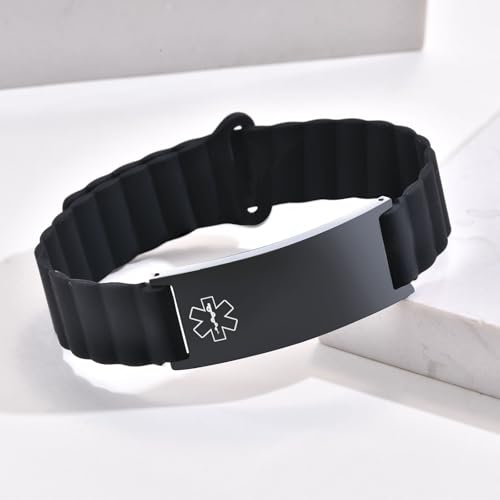 MEALGUET Comfortable Medical ID Bracelet for Men & Women - Custom Engraved Silicone Strap Medical Alert Bracelets for Sports,Adjustable Waterproof Customizable ID Wristband